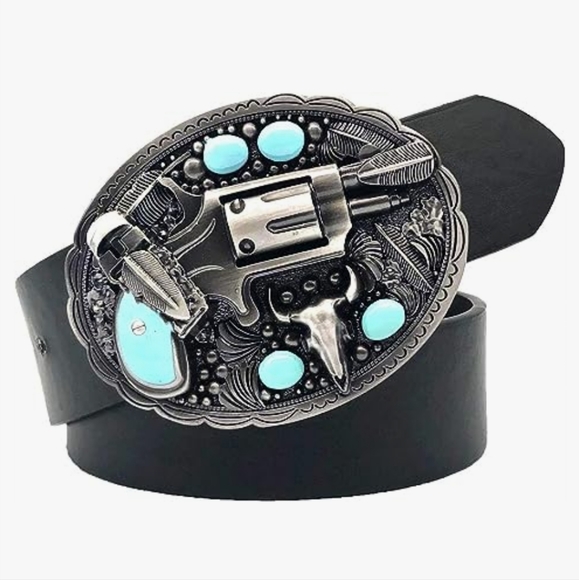 Faux Western Rodeo Style revolver pistol theme feathers Longhorn bull belt bu… - Picture 3 of 5